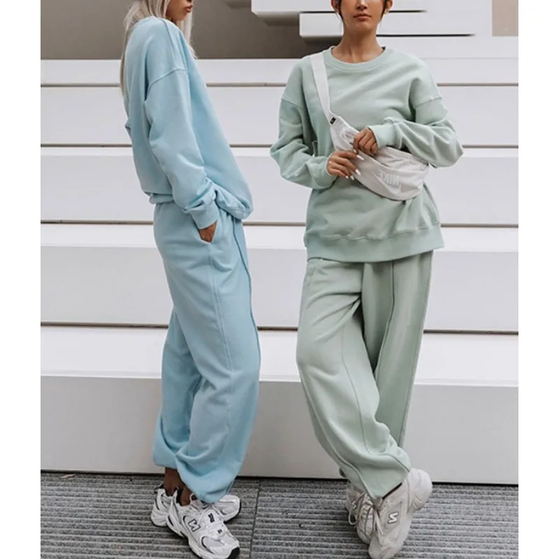 Krisnanas conjuntos de pantalones para mujer 2025 Otoño Invierno algodón sólido cuello redondo sudadera pantalones sueltos Casual nuevo en conjuntos a juego 88960