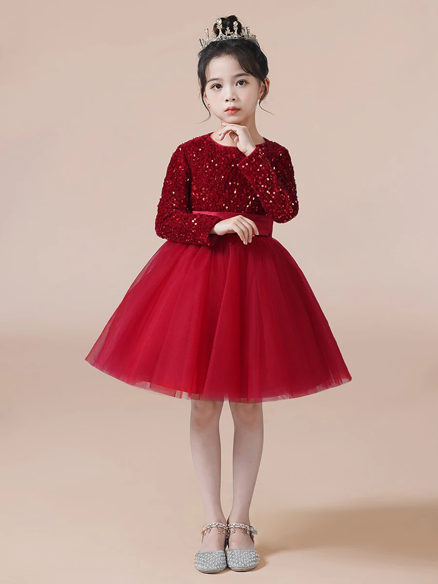 YZYmanualroom Glitter Sequins Short Sleeves Tulle Flower Girl Dresses Concert Princess Gown Long Junior Bridesmaid Dress