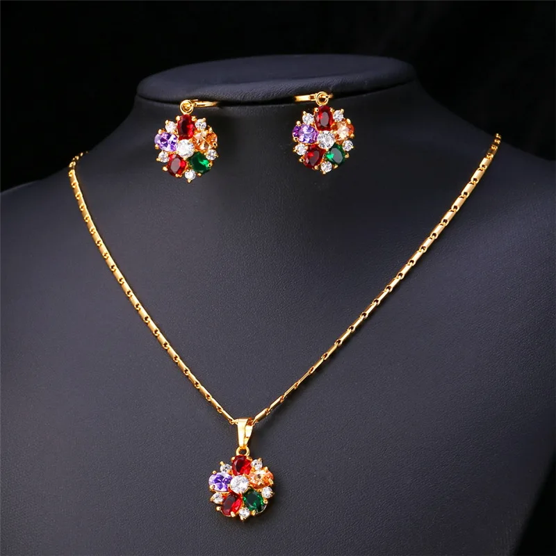 U7 Colorful Mix Flower Crystal Earring Necklace Set for Woman Wine Red Green Purple Champagne White CZ Luxury Jewelry Set QC24