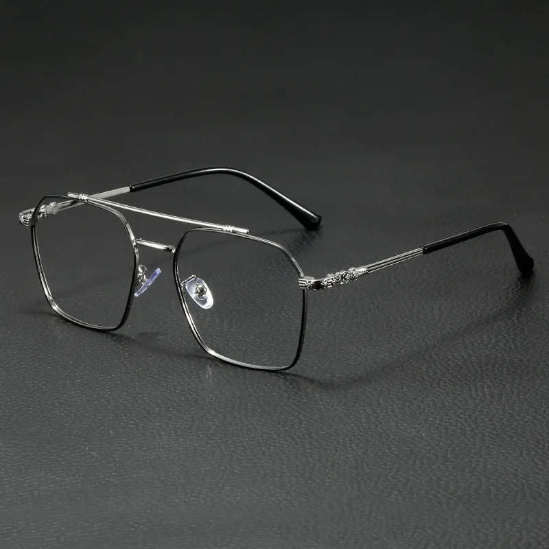 Retro ultralight double beam metal flat lens for men and women big face slimming classic casual glasses