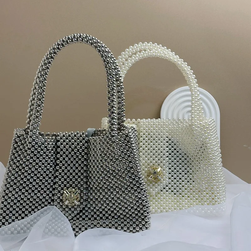New Fashion Simple Silver Handmade Beaded Ladies Handbag Vintage Drawstring Ball Inner Bag Pearl Woven Versatile Women's Bags