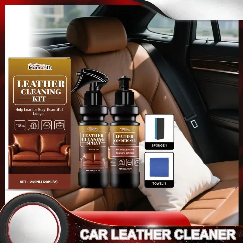 Leather Cleaner Conditioner Kit  Care Set Deep Spray Nourishing Cream Restores Softness Shine Prevents Cracking Includes Sponge
