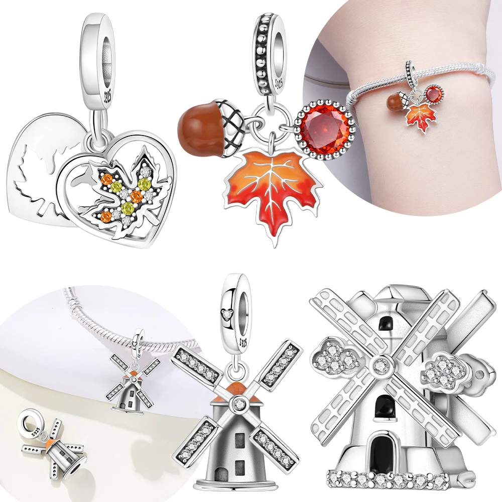 

Original 925 Silver Brown Maple Leaf Dutch Windmill Beaded Pinecone Pendant Bead Fit Bracelet Women Jewelry Gift Making Diy