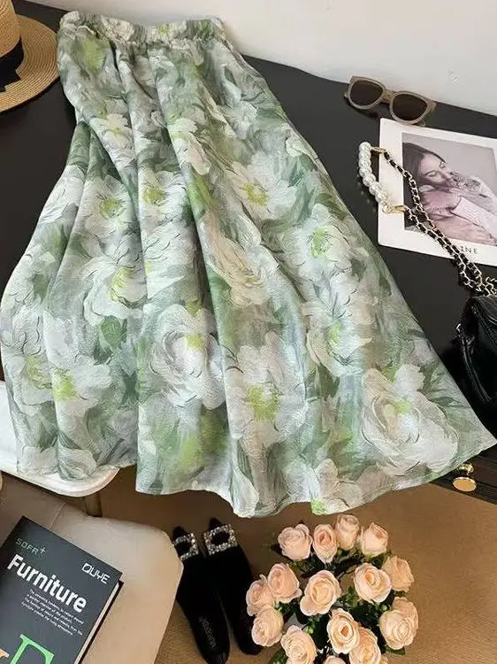 

een Floral Embroidery High Waist A-Line Skirt Women's Maxi Skirt Casual Summer Faion Age-Defng Large Swing Skirt