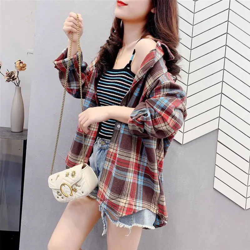 Women\'s Autumn Fashion Office Lady Simplicity Plaid Turn-down Collar Long Sleeve Shirts Women Clothes Casual All-match Loose Top