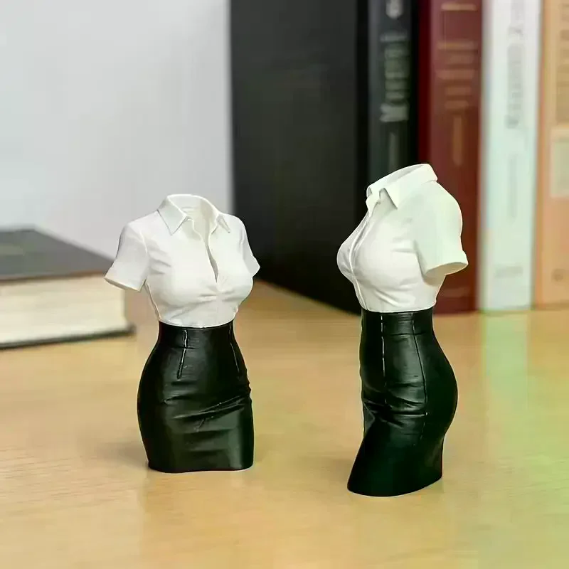 3D Printed Creative Ornament, White Shirt & Leather Skirt Office Lady Half-Body Statue, Desktop Stress Relief Decor
