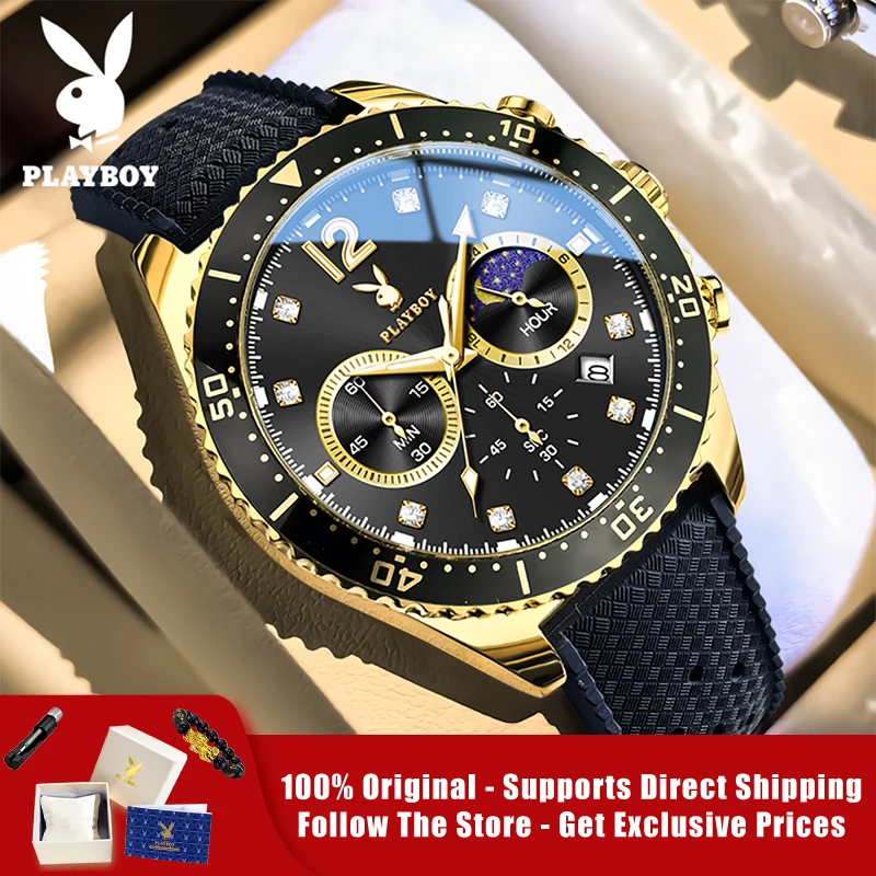 PLAYBOY 3515 Brand Original Authentic Silicone Strap, Large Dial, Fashion Casual Men's Quartz Watch
