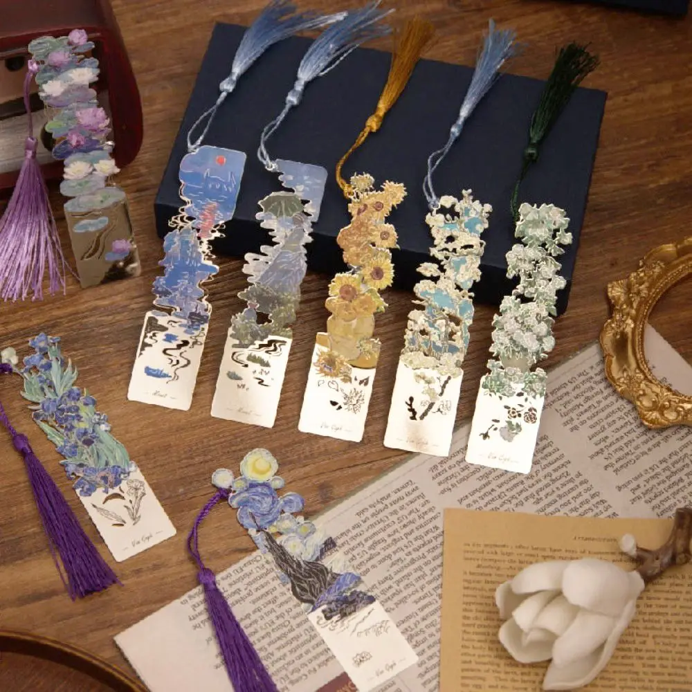 Metal Metal Bookmark Oil Painting Style Famous Painting Hollow Bookmark Tassels Stationery Floral Painting Bookmark Student