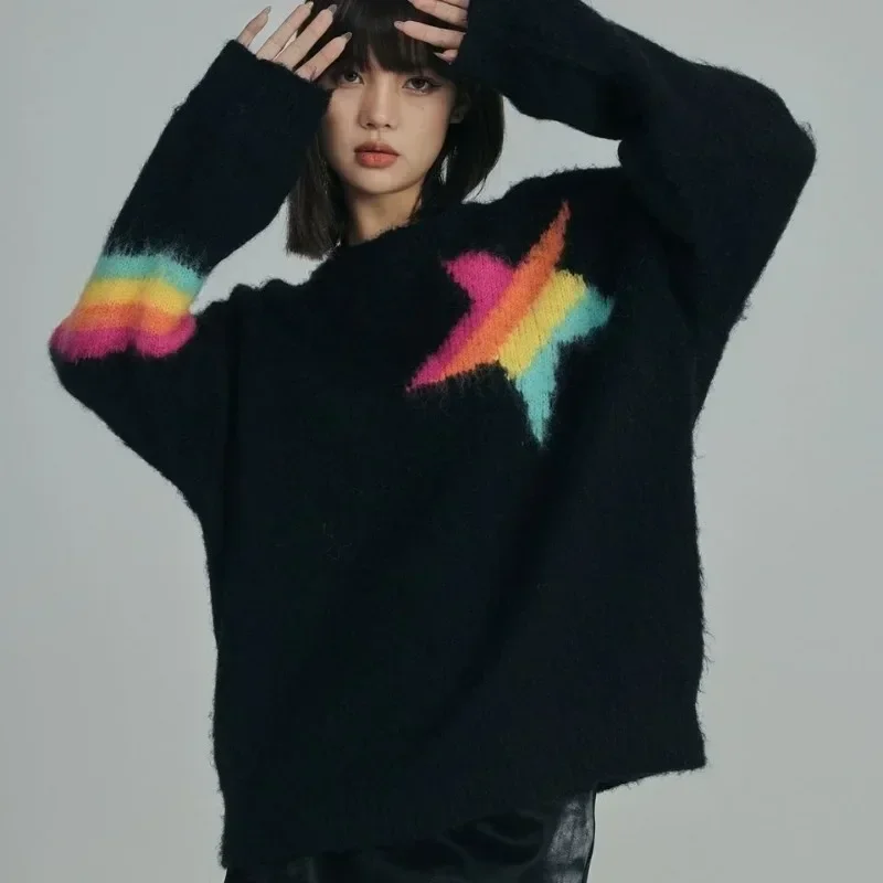 Mohair Black O-Neck Sweater High Street Y2k Rainbow Striped Star Sueter Mujer Mid Length American Retro Pullovers Women