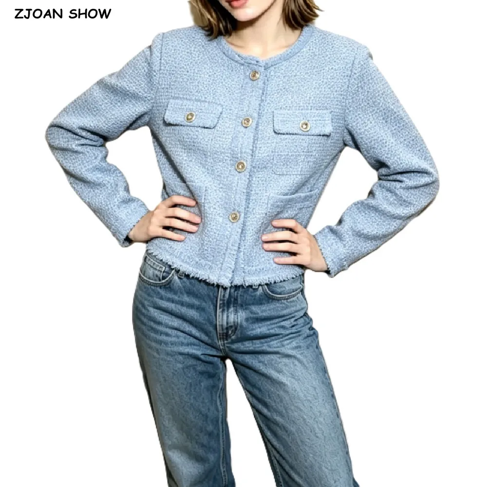 CHIC Autumn Women O Collar Light Blue Tweed Blazer Single-breasted Metal Buttons Hem Burr Suit Long Sleeve Short Coat Outwear