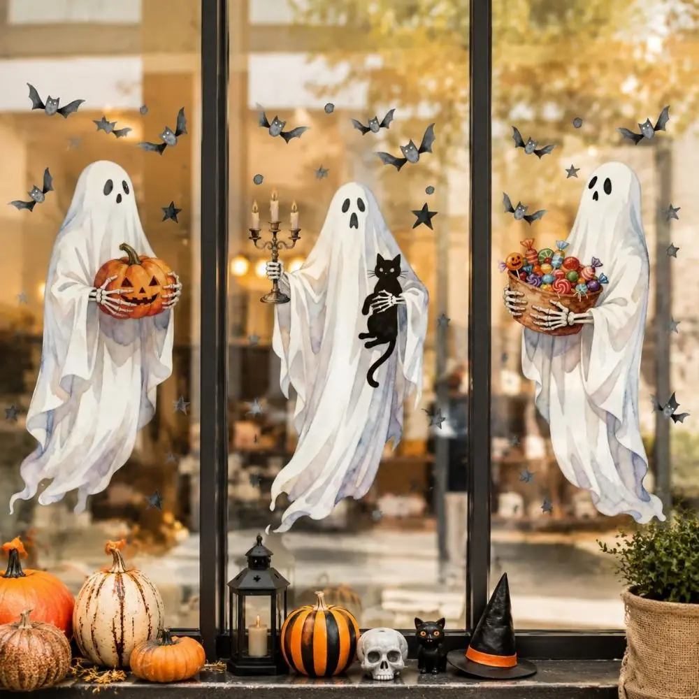 Multicolor Halloween Decoration Sticker Black Cat Pumpkin Bat Star Static Sticker Cartoon Ghost Electrostatic
