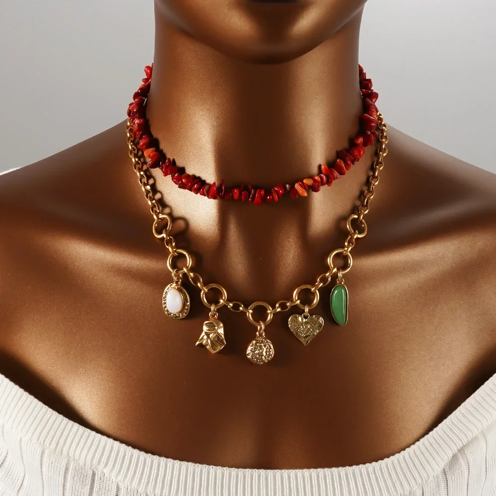 

Irregular Natural Stone Choker Stainless Steel Jewelry Love Pendant Necklace Beach Party Birthday Gift Fine Piece Woman