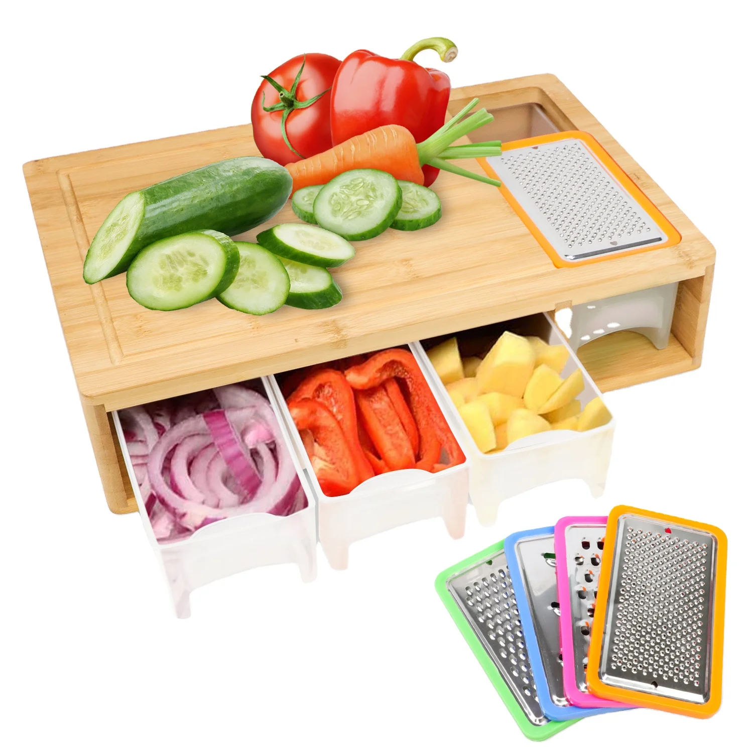 Large Multi-Functional Bamboo Cutting Board with 4 Container Vegetable Chopping Blocks Tray Wood Butcher Draw Blocks