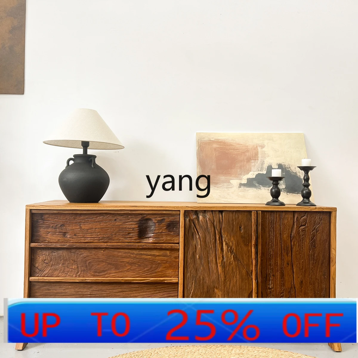 

YJQ wabi-sandy wind solid wood old elm dining side cabinet integrated cabinet against the wall storage living room storage