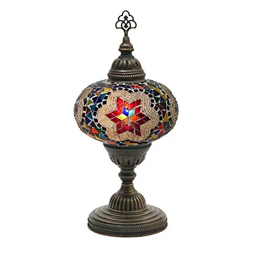 LaModaHome English Moroccan Handmade Mosaic Glass Table Lamp Light with Decorative Dark Copper Fixture for Bedroom, Livingroom a