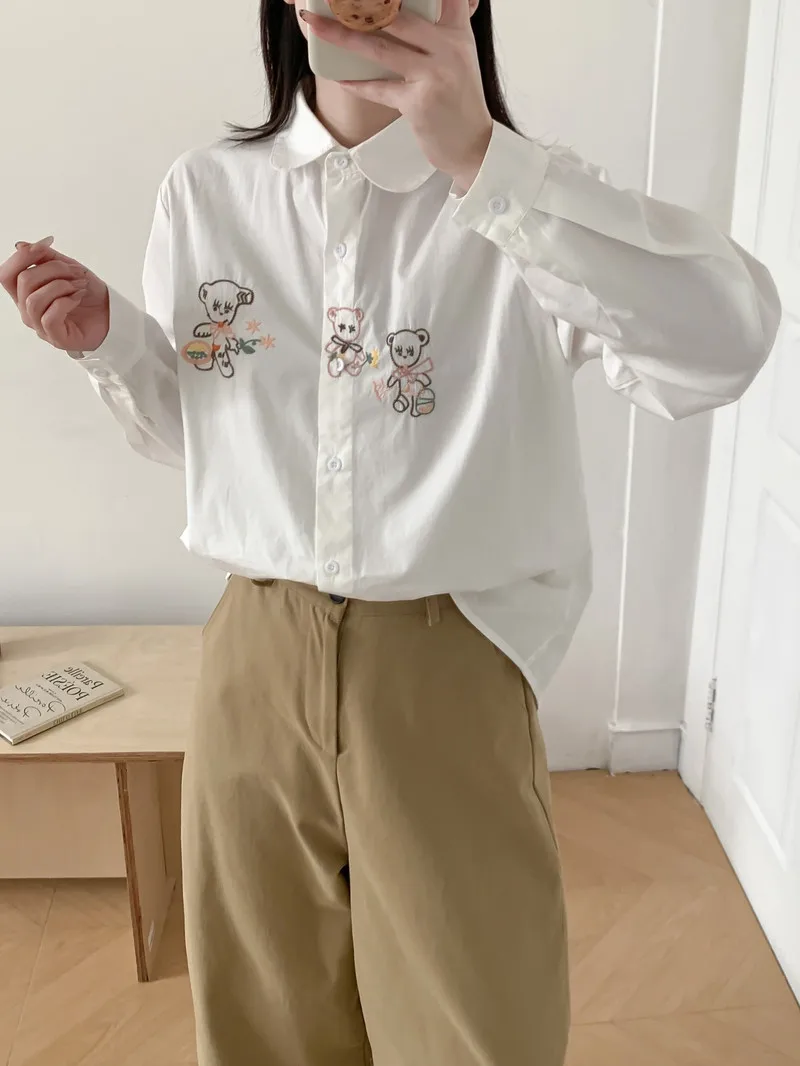 New 2025 Autumn Cotton Long Sleeve Shirt, Women Turn-down Collar Embroidery, Mori Girl Cute Age Reduction Loose Blouse T57422CC