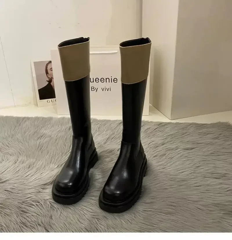 

Thick-Bottomed Color-Matching Long-Tube Knight Boots Women's 2024 Autumn New High-Tube Soft Leather Boots