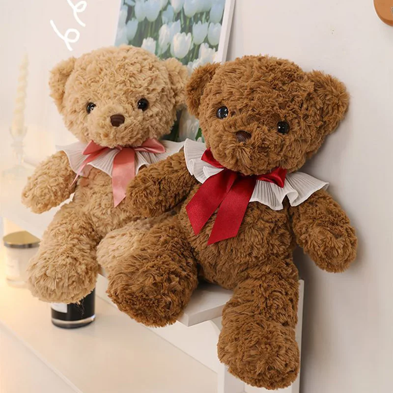 دمية دب تيدي لطيفة وناعمة مع طوق مزين بفيونكة، لعبة محشوة ناعمة للديكور المنزلي وهدية مثالية للفتيات
