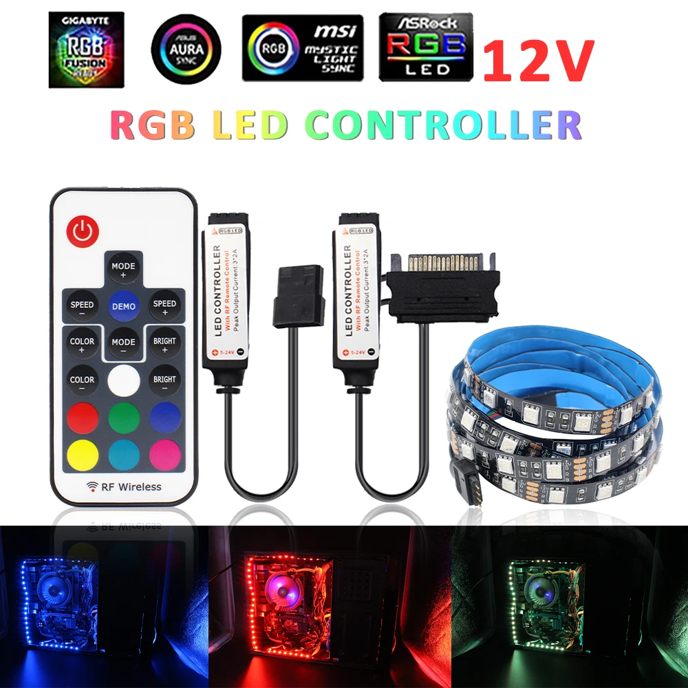 12V 5050 RGB PC LED Strip Light Computer Case Lamp Tape PC Cace SATA Large 4Pin Molex Interface Wireless 17Keys Control RGB Stri