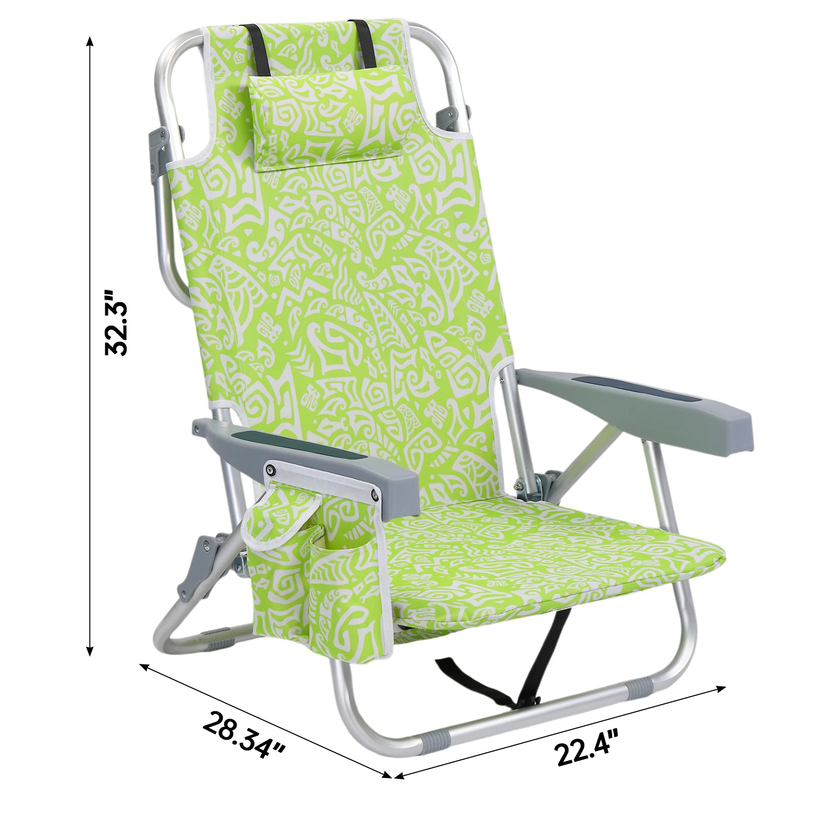 

1Pcs seat height 8.5in yellow tribal pattern, can lie flat, aluminum beach chair, with headrest, double shoulder strap,