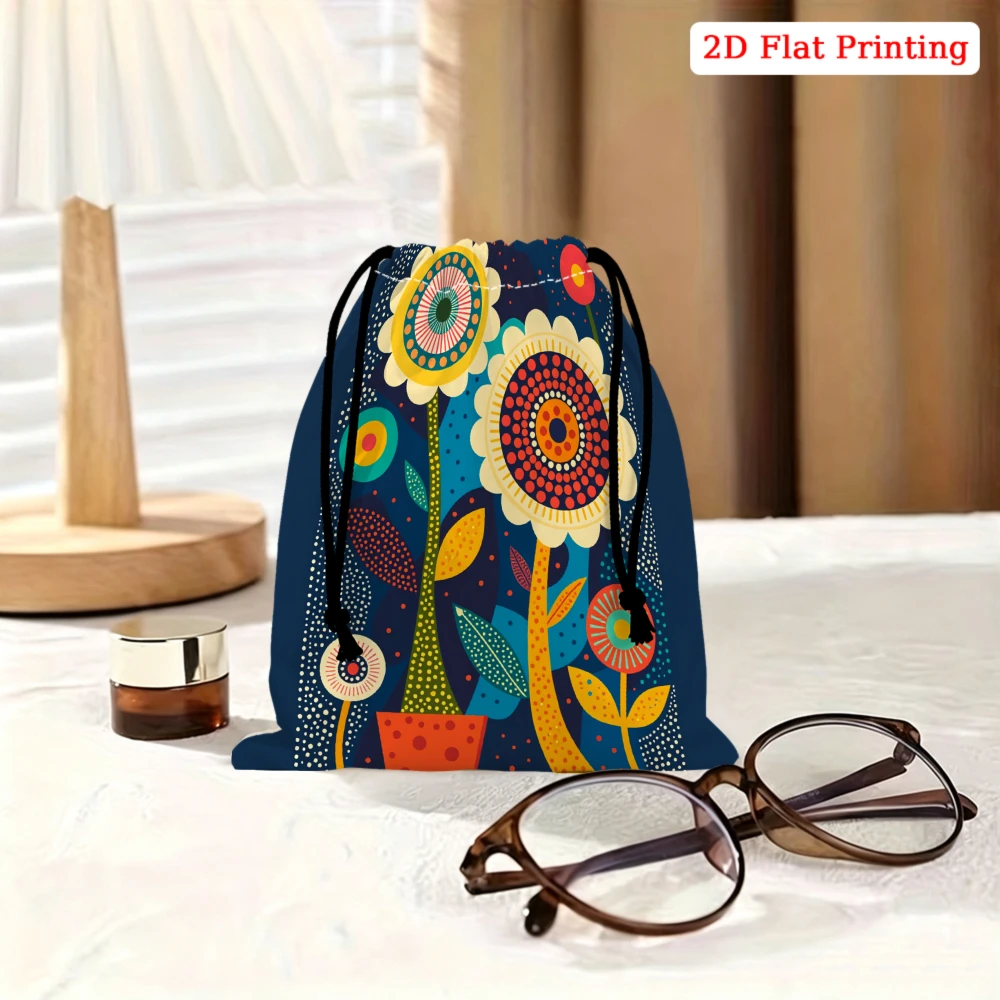 1Pc Floral Drawstring Bag Blue Colorful Flower Pattern Storage Small Pouch For Glasses Cosmetics Travel Organizer Portable Gift