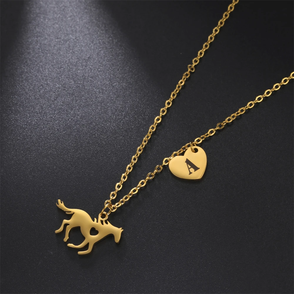 Cazador Animal Horse Initial Necklace for Women Girls Teens Stainless Steel A-Z Letter Heart Choker Necklaces Jewelry Birthday