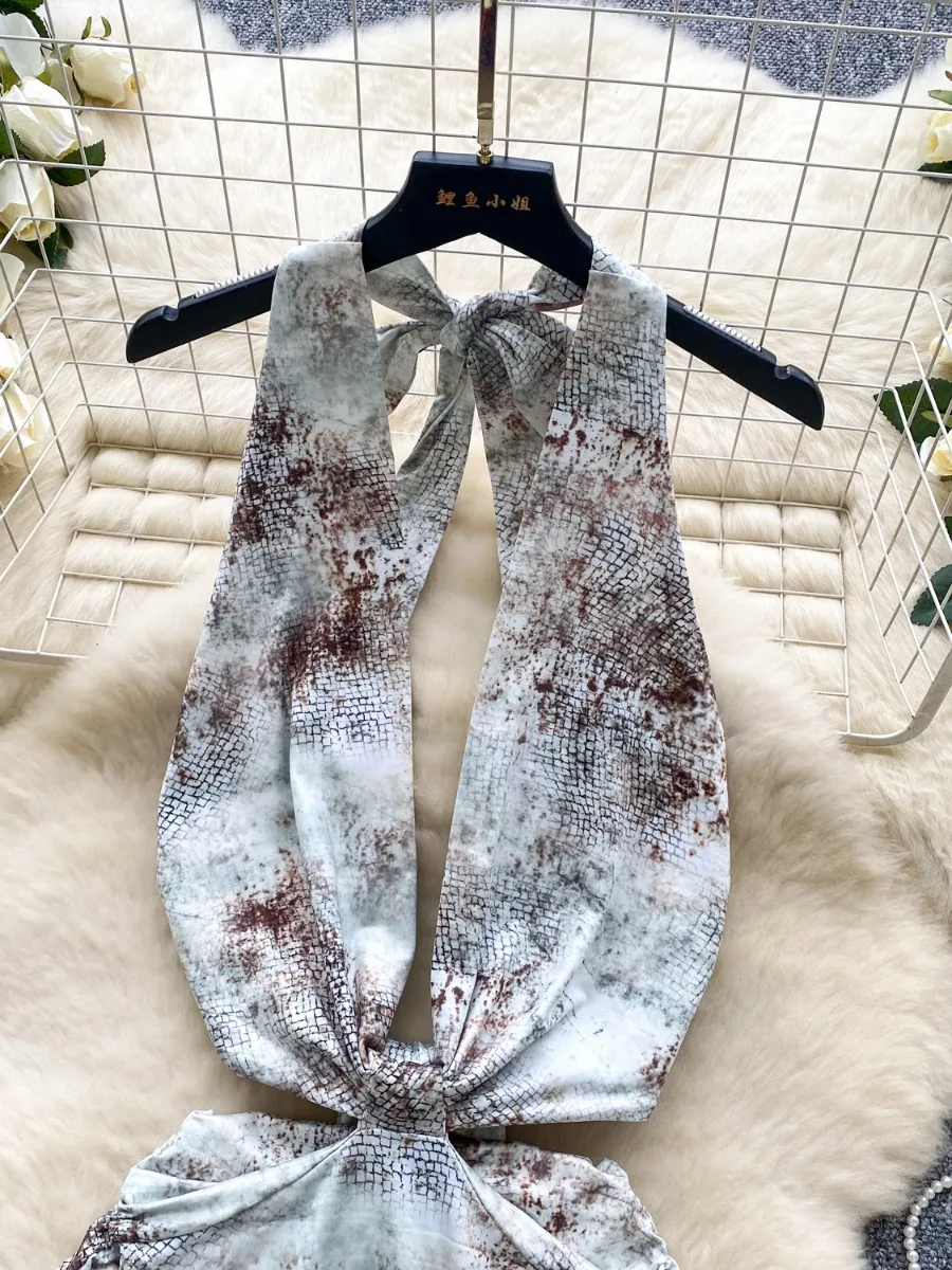 Foamlina Sexy Hollow Out V-Neck Halter Print Dress Women Fashion High Street Cutout Waist Slim Fit Hot Girl Mini Skirt Dress