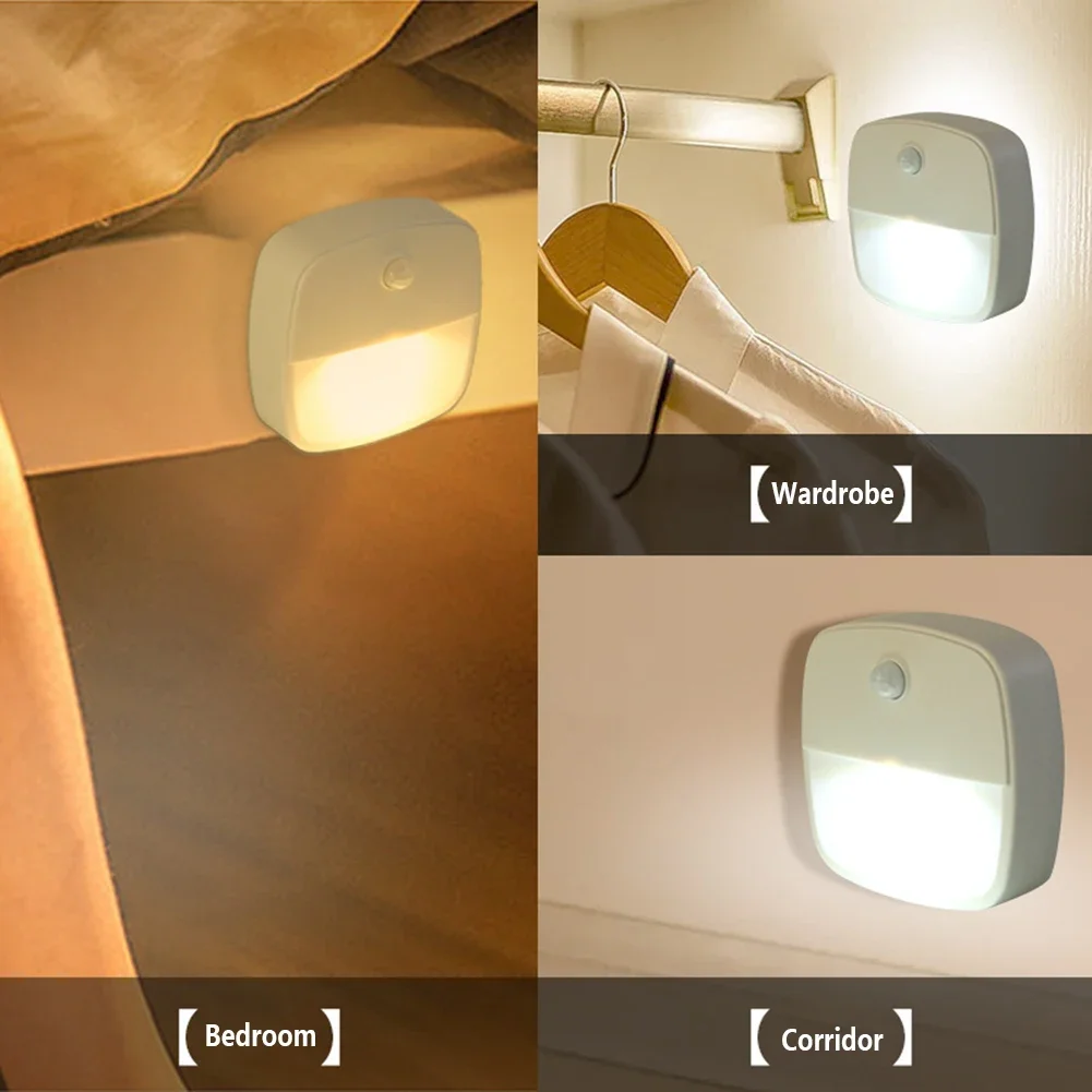 ไฟไฟ LED กลางคืนไร้สายเซ็นเซอร์ตรวจจับการเคลื่อนไหวไฟกลางคืนใช้พลังงานจากแบตเตอรี่สำหรับตู้เสื้อผ้าห้องน้ำชั้นใต้ดินห้องครัว0.3วัตต์