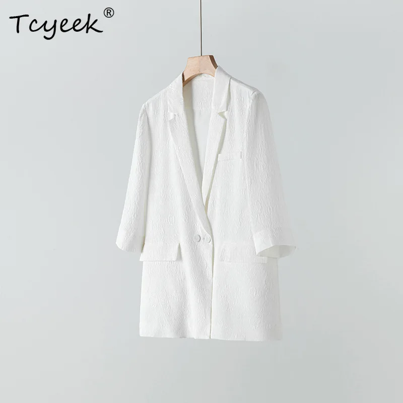 

Tcyeek, 100%Real Silk Elegant Blazers, Women 3/4 Sleeve Jacquard, Office Lady Classic Loose Suit, 2024 Autumn Winter C48617QC