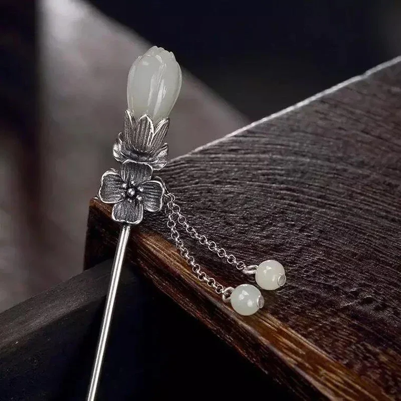 Natural Hetian Magnolia Flower Tassel Pendant Ladies Silver Hairpin Chinese Style Retro Charm Hanfu Accessories Jewelry