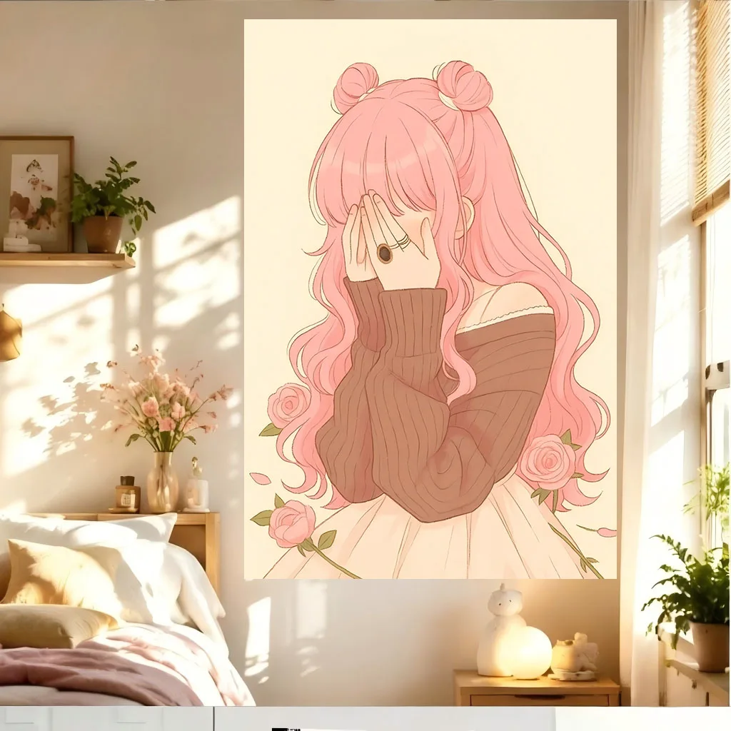 Soft Kawaii Anime Tapestry Shy Pink Hair Girl With Pink Roses Vintage Warm Wall Hanging Art for Dorm Bedroom Cozy Aesthetic Room