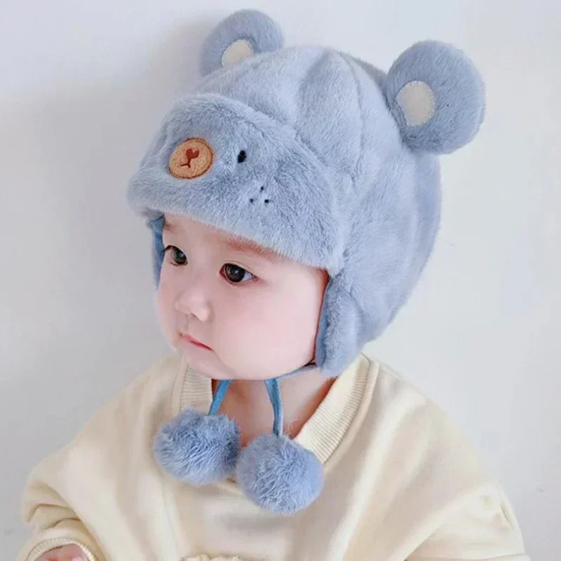 Cute Winter Warm Kids Girl Boys Baby Hats Fleece Wool Hemming Caps with Ball Solid Wool Ear Protection Hats Soft Newborn Bonnet