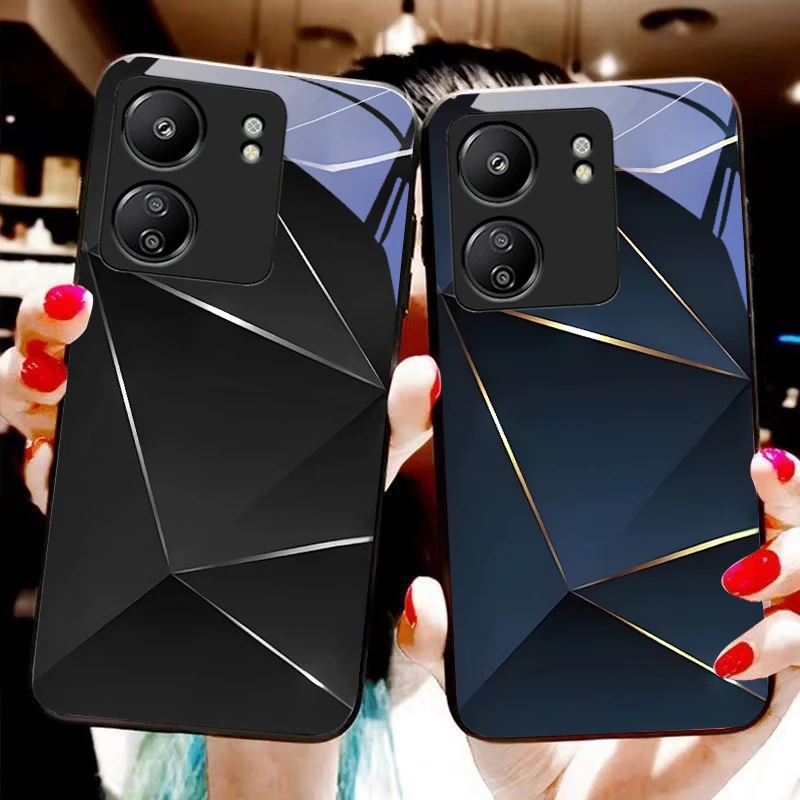 Geometric prism For Xiaomi Redmi 13C Note13 12 Pro Plus 5G Note 9 13T Pro POCO X6 F5 F6 Black tempered glass phone case