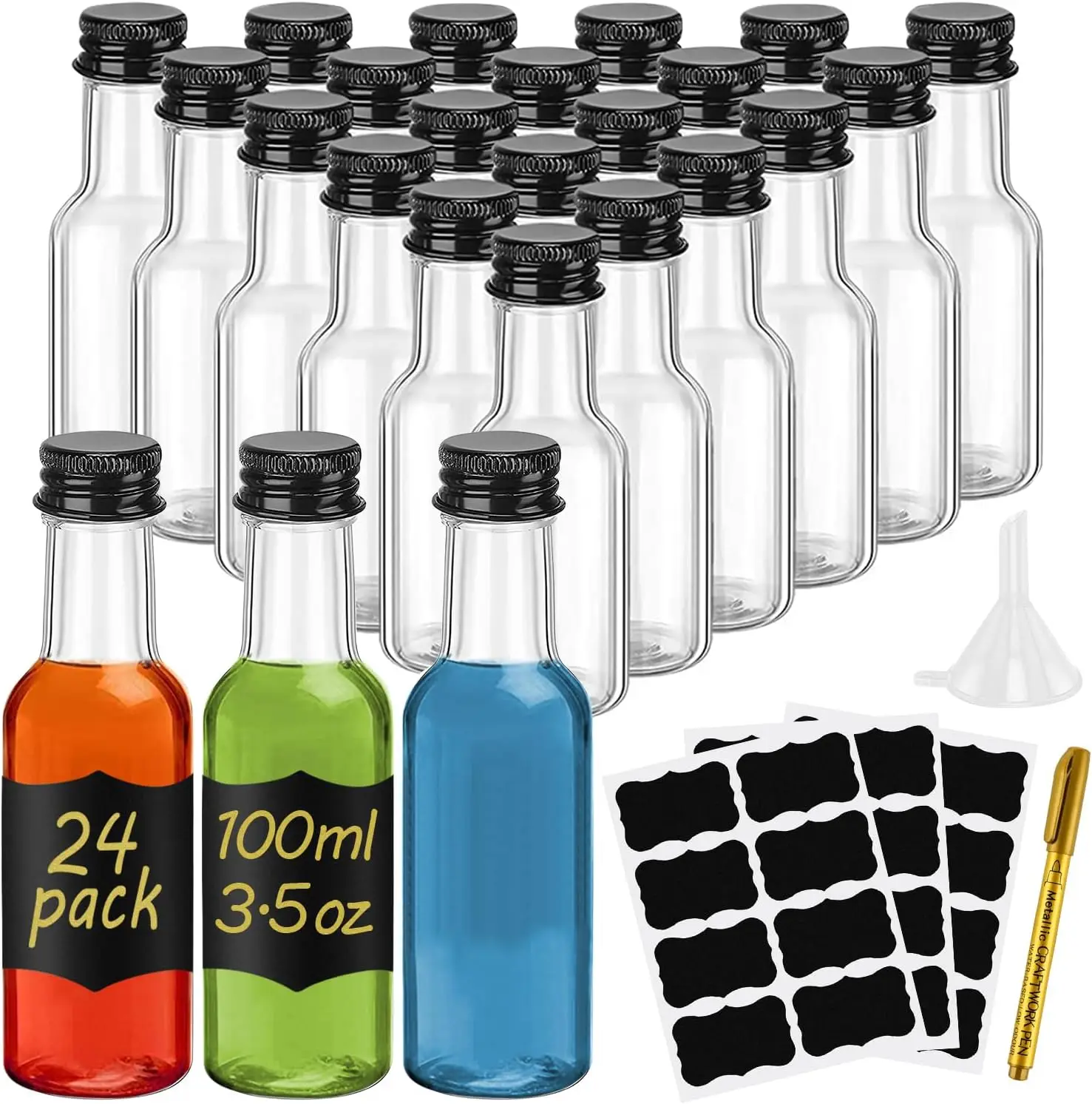 Mini bottiglie di liquore bottiglie di plastica vuote da 100ml bottiglie di alcol in miniatura riutilizzabili con imbuto per etichette per feste di