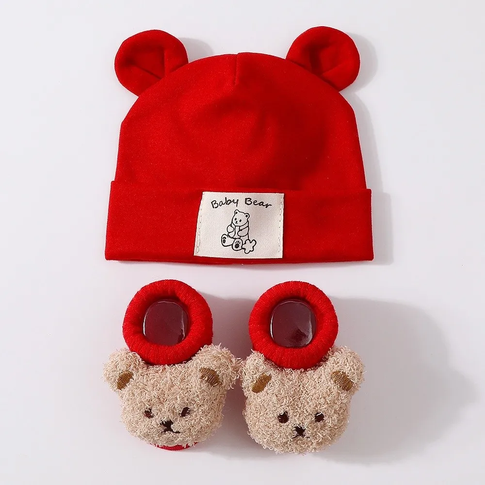 2Pcs/Set Cute Cotton Baby Hat Socks Set Soft Warm Bear Ear Beanie Cartoon Pullover Cap Prewalker Socks Autumn Winter view 3