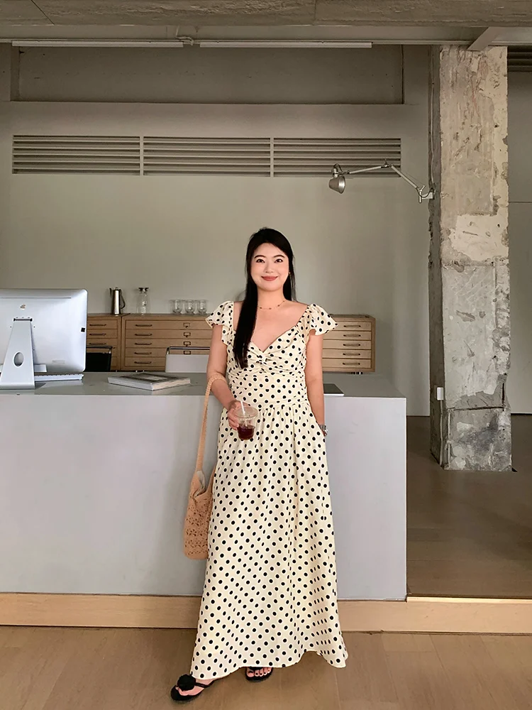 

Lin Da Hui Polka Dot Dr женское лето 2025, большие размеры, утягивающее длинное платье трапециевидной формы с высокой талией и высокой талией, ort Sve V-Ne