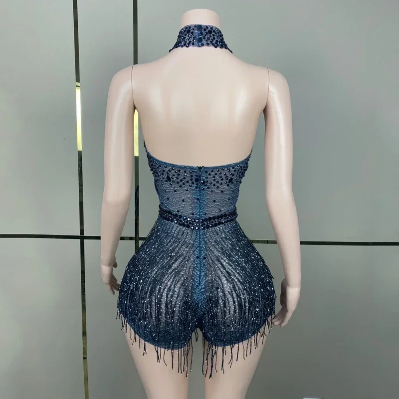 섹시한 홀터 폴댄스 의상 블랙 라인스톤 프린지 바디수트 여성 나이트클럽 DJ DS 무대 레이브 의상 XS7484