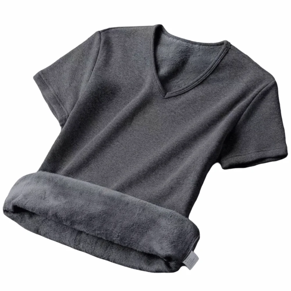 Soft Fleece Lined Men's Short Sleeve Round Neck V-Neck Men's T-Shirt Pure Color Thickened Fleece Short Sleeve Winter