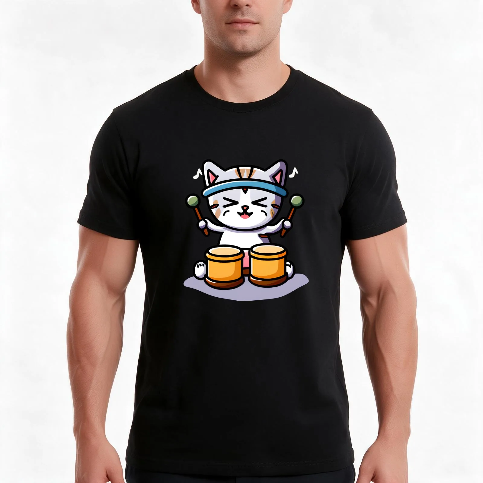 Cute Adorable Kawaii Chibi Cat Playing Drums T-Shirt, Summer Casual Cotton Tee, Oversized Streetwear Tops, Vintage Graphic Print