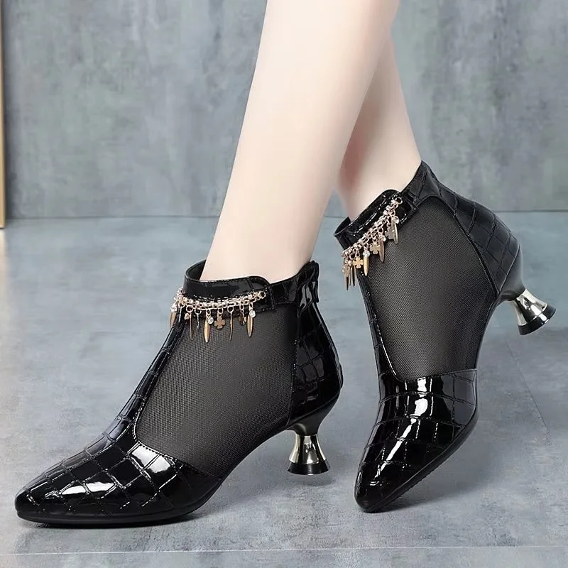 5cm Elegant Fashion Breathable Mesh Leather Boots Summer Shoes 2025 Trend Med Kitten Heels Short Ankle Boots Sandals Office Mom