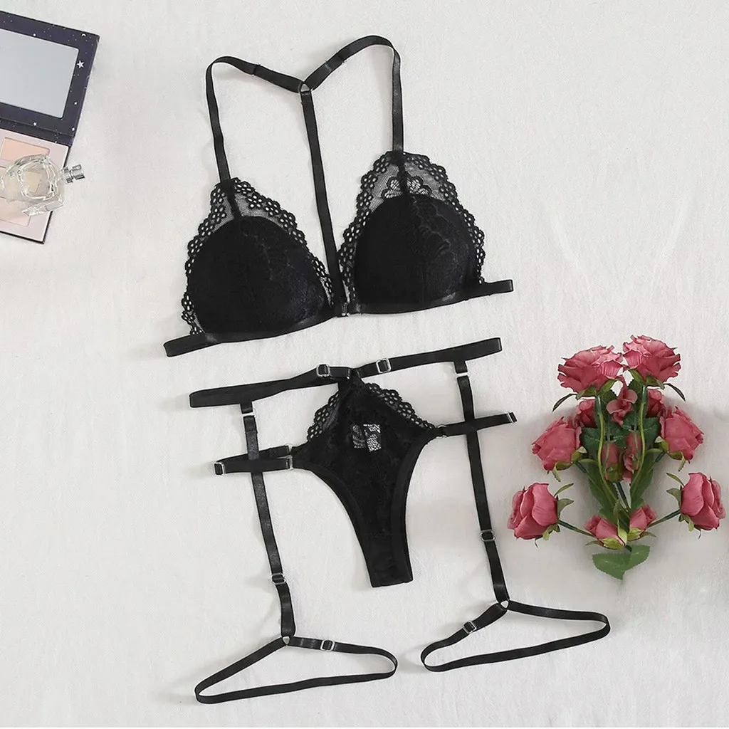 

2024 New Lingerie for Women Push Up Bra Set Wire Free Brassiere Sexi Garter Thong 2pcs Lace Underwear Suit Bandage Sexy Lingerie