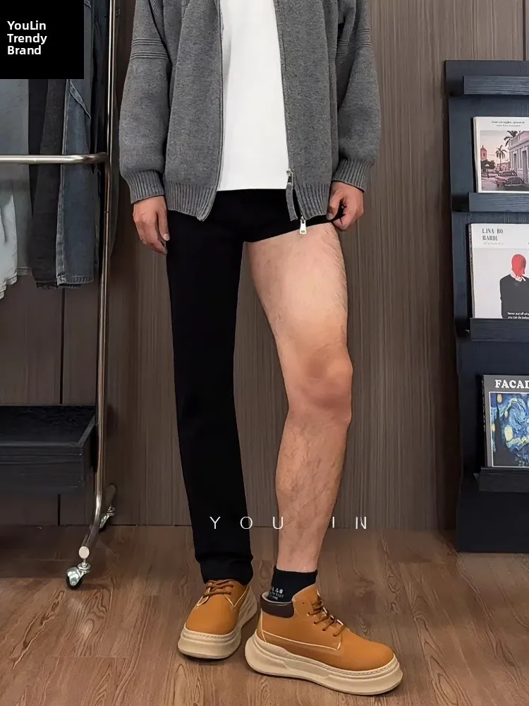 

plus Size Elastic Fce Lined Jeans Slimming High Waist Vintage Waed Men's Straight Leg Trousers Bowed Knife Flared P...