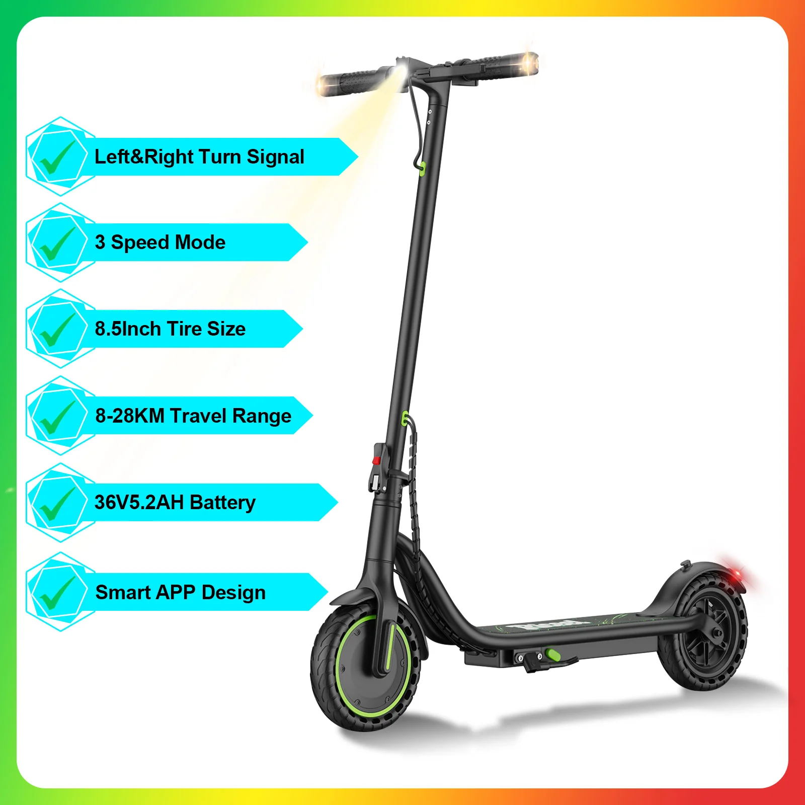 JUICEASE Groene Elektrische Scooter 2026 Upgrade 36V 8,5 Inch Elektrische Scooter met Richtingaanwijzer voor Volwassenen, APP-besturing, 30KM Lange Afstand