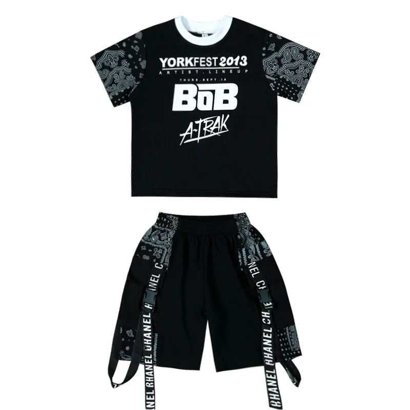 Kids Clothing Sets Summer Black Print T-shirt Shorts 2pcs Boy Tracksuit Children Sport Suit Teen Hip Hop Outfits 4 6 8 9 10 12 Y