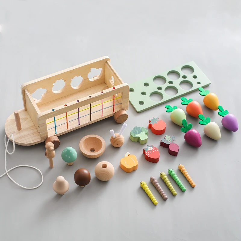 Brinquedo montessori de madeira nabo carro estiramento corda mão-tirou carro bebê cenoura puxando brinquedo forma correspondência brinquedo pai-filho educação