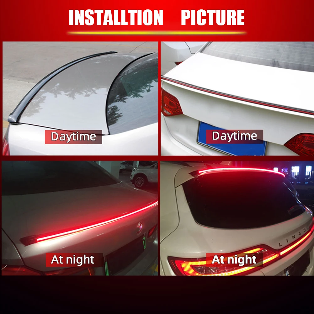 1.2M Universal LED Rear Spoiler Lip Kit Carbon Fiber Car Exterior Brake Light 12V Black Car Trunk Spoiler Roof Wing Decoration