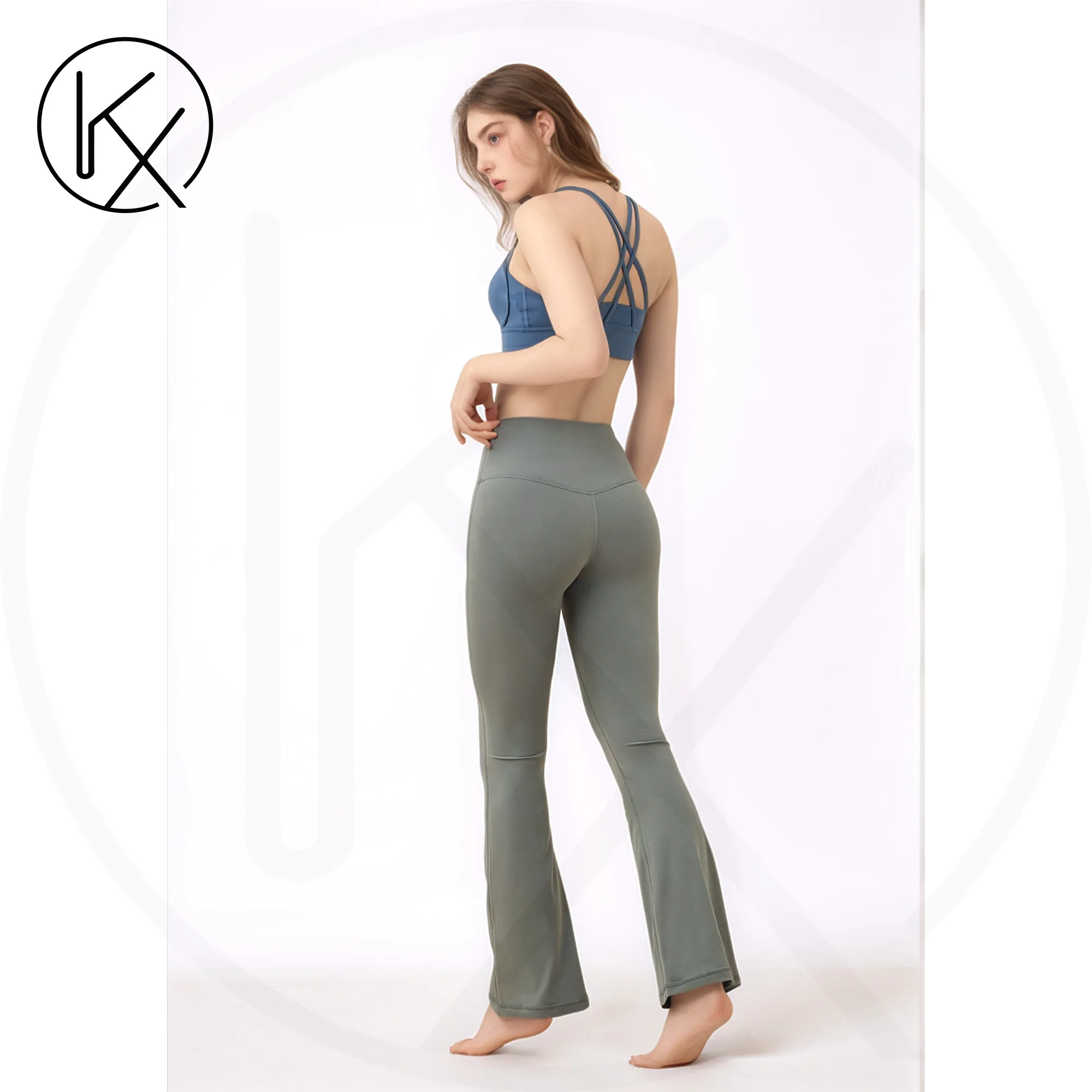 kaixiggmm Nylon women's long pants yoga leggings flared pants tight elastic breathable sports pants waist pocket