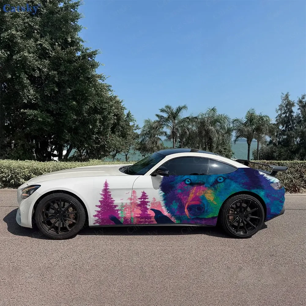 2pcs Vibrant Wolf Head Raven Realm, Durable, Fade-resistant, Enhance Vehicle Aesthetics With Bold Artistic Design Car Vinyl Wrap