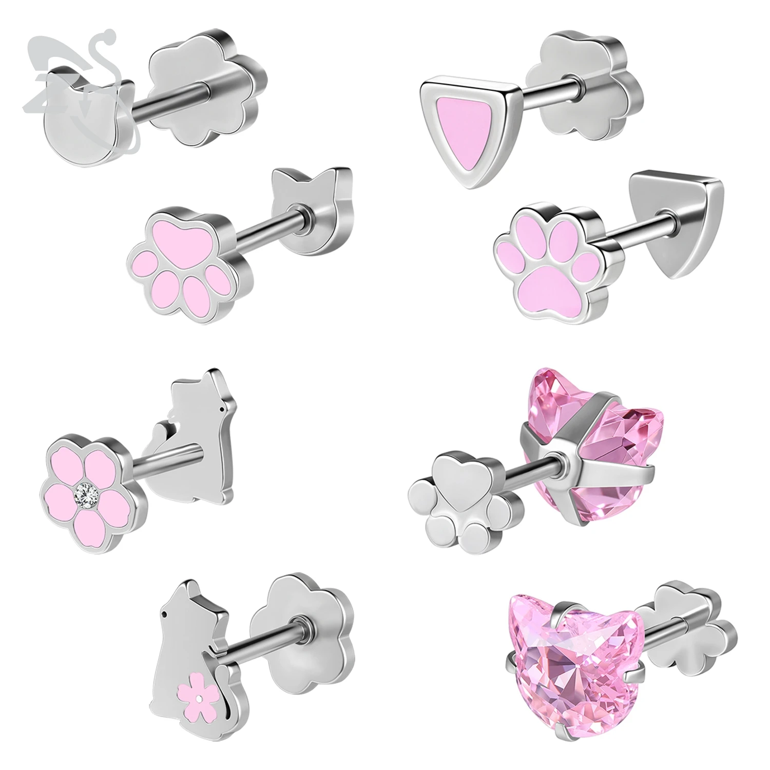 

ZS 1 Pair 18G Stainless Steel Stud Earring For Girl Women Pink Paw Cat Shape Earrings Cute Ear Cartilage Helix Piercings Jewelry