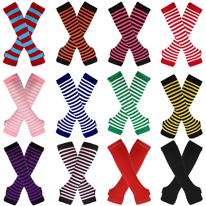 New Long Glove Arm Cover Classic Pink Black and White Striped Fingerless Elbow Gloves Warmer Knitted Wristband
